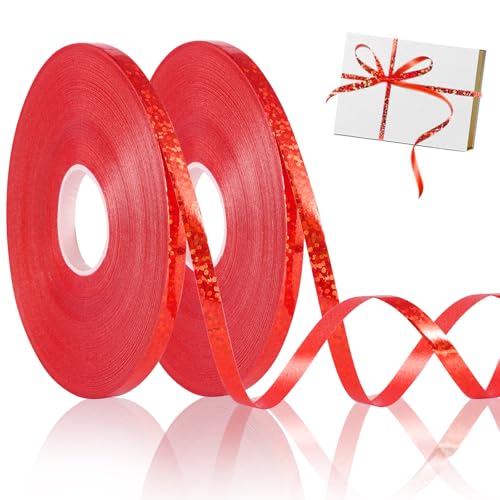 Annickee 2 Rollen Geschenkband Rot, 50 Meter Geschenkbänder Glitzer, 5mm Rot Band Laser, Glänzend Schleifenband, Geschenk Band für Luftballons, Geschenkverpackung, Florist, Basteln, Weihnachten von Annickee