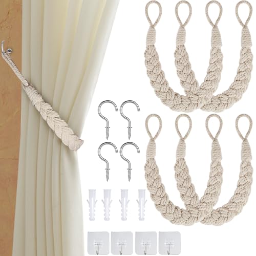 Annickee 4 Stück Vorhang Raffhalter, Handgestrickte Vorhang Halter, Vorhanghalter Rope Buckle, Boho Vorhanghalter Baumwollseil Gardinenhalter, Vorhang Halter für Zuhause, Kinderzimmer und Büro von Annickee