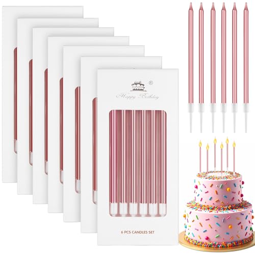 Annickee 42 Stück Geburtstagskerzen, 5.5in Kerzen Geburtstag, Lange Dünne Tortenkerzen für Dekorative mit Haltern Für Geburtstagskerzen Kinder, Birthday Candles für Hochzeitsparty (Roségold) von Annickee