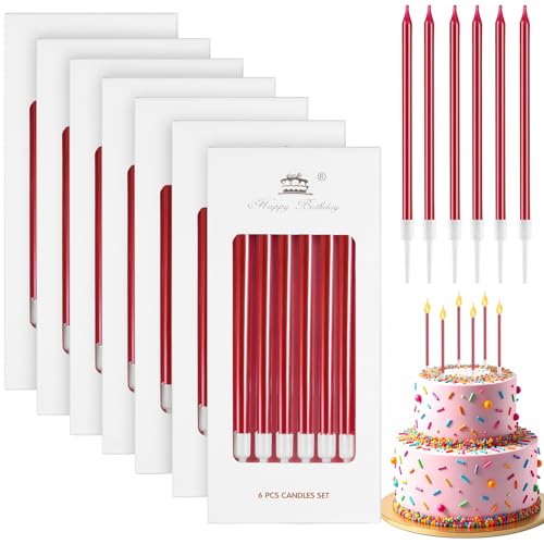 Annickee 42 Stück Geburtstagskerzen, 5.5in Kerzen Geburtstag, Lange Dünne Tortenkerzen für Dekorative mit Haltern Für Geburtstagskerzen Kinder, Birthday Candles für Hochzeitsparty (Rot) von Annickee