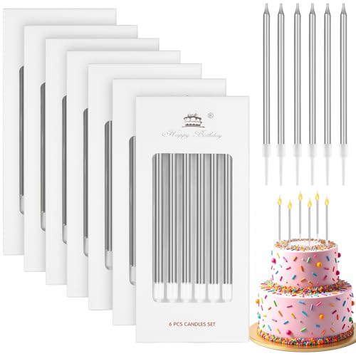 Annickee 42 Stück Geburtstagskerzen, 5.5in Kerzen Geburtstag, Lange Dünne Tortenkerzen für Dekorative mit Haltern Für Geburtstagskerzen Kinder, Birthday Candles für Hochzeitsparty (Silber) von Annickee