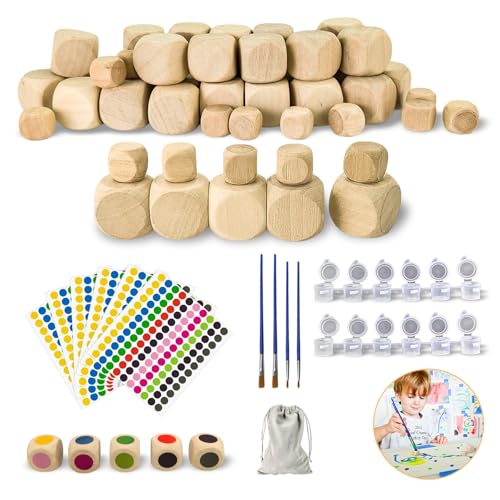 Annickee 50 Stück Blanko Holzwürfel, Blanko Würfel: 20mm Würfel und 12mm Würfel, DIY Würfel Blanko, Entscheidungswürfel Mit bunten Polka-Dot-Aufklebern und Pinsel, Würfel Holz mit Runden Ecken von Annickee