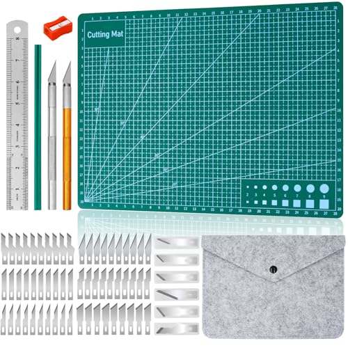 Annickee A4 Schneidematte Set, Selbstheilende Bastelunterlage Schnittfest, Bastelunterlage mit 6 types de Ersatzköpfe, Cutting Mat Grün, Schneidunterlage, Schneideunterlage für Nähen, Stoffpräzision von Annickee