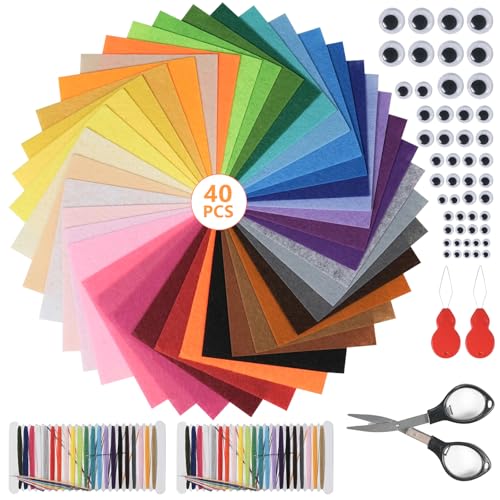 Annickee Filz zum Basteln 15 x 15 cm, Filz 40 Farben Bastelfilz Set, DIY Filzstoff mit 2 Stück Farben Stickgarn, Vliesstoff Stoff Filzplatten mit Schere, Filzstoff zum Nähen mit Nadeleinfädler von Annickee