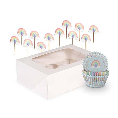 Anniversary House AMZ013 Cupcake-Dekorationsset, 75 Förmchen und 12 Aufsätze, Cupcake-Box, 6 Löcher, mit Fenster, Kuchendekoration, Pastellfarben, Regenbogen-Party-Dekorationen Anniversary House AMZ013 Cupcake-Dekorationsset, 75 Förmchen und 12 Aufsätze, Cupcake-Box, 6 Löcher, mit Fenster, Kuchendekoration, Pastellfarben, Regenbogen-Party-Dekorationen von Anniversary House
