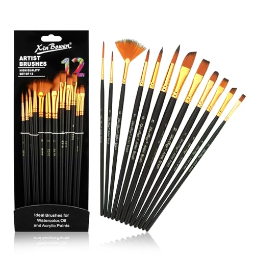 Pinsel Set, 12 Stück Aquarellpinsel Künstlerpinsel Schwarz Acryl Feine Pinsel,Hochwertige Nylonborsten, Vielseitige Pinselköpfe, Ergonomischer Griff, Ideal für Anfänger und Profis von Annlpoy