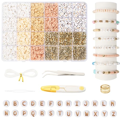 Annyswit 2064 Stück Perlen für Armbänder, Goldene Heishi Perlen mit 5 Zubehörteilen, Clay Beads Set, Flache Clay Perlen mit Buchstaben, DIY Schmuck Bastelset für Armbänder & Halsketten Annyswit 2064 Stück Perlen für Armbänder, Goldene Heishi Perlen mit 5 Zubehörteilen, Clay Beads Set, Flache Clay Perlen mit Buchstaben, DIY Schmuck Bastelset für Armbänder & Halsketten von Annyswit