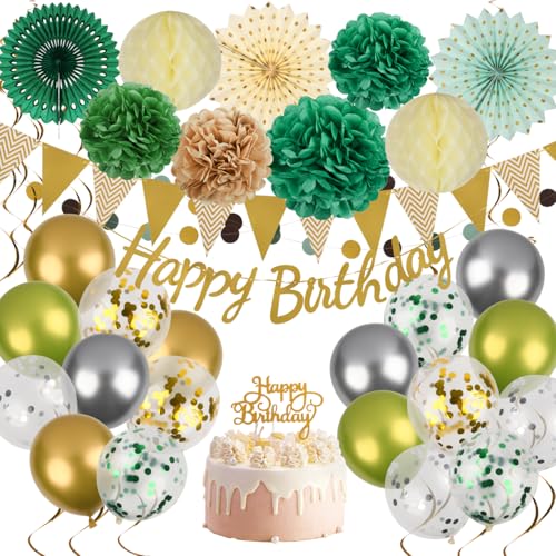 Annyswit Geburtstag Deko (40 Teile), Grün & Gold Geburtstagsdeko, Luftballons, Happy Birthday Banner, Pompons Party Deko ideal für 18. und 30. Geburtstag, Babyparty Deko Mädchen Junge Dekoration von Annyswit