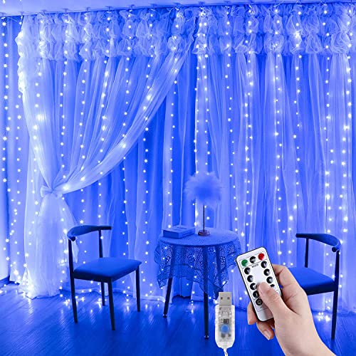 Anpro Lichtervorhang, 3 m x 3 m, 300 LEDs, USB, Lichtervorhang mit 8 Leuchtmodi für Weihnachten, Innen/Schlafzimmer/Fenster/Geburtstag/Party (blau) von Anpro