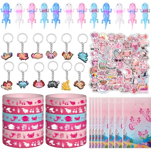 Axolotl Partygeschenke inklusive Axolotl-Schlüsselanhänger, Silikon-Armbänder, Finger-Geschenktüten und Aufkleber für Axolotl-Themenparty-Zubehör, Dekorationen von Anprola