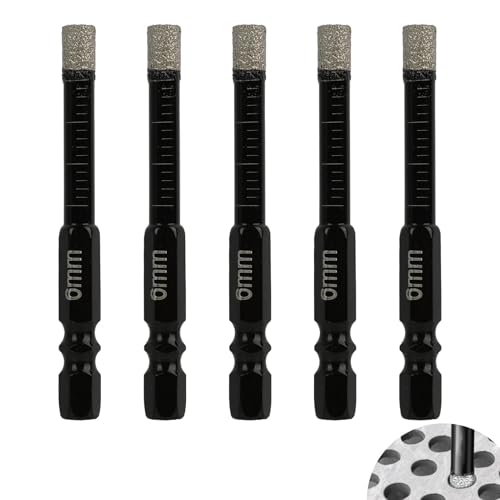 5 Stück Diamantbohrer 6mm mit Schnellwechsel Sechskantschaft, Trockene Fliesenbohrer mit Kühlwachs für Porzellanfliesen, Marmor, Keramik, Stein, Granit, Glas, Beton, Fliesenbohrer Set von Anrbb