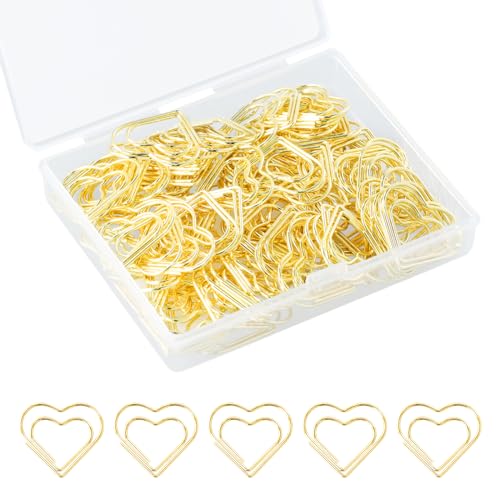 Anseom 100 Stück Büroklammern Herz Gold, Büroklammer Set mit Transparentbox 2.8cm Büroklammer Halter Ideal zum Sortieren und Befestigen von Dokumenten, Herz Paper Clips Papierklammern für Büro Schule von Anseom