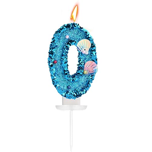 Anseom 7 X 4 cm Geburtstag Nummer Kerzen Blau Glitzer Geburtstagskerzen mit Muschel Zahlenkerzen Kuchenaufsatz für Geburtstag, Hochzeit, Jahrestag, Meerjungfrauen-Themenparty (Nummer 0) von Anseom