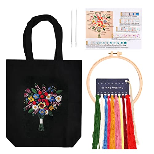 Anseom Canvas Tote Bag Stickset für Anfänger, Anfänger Stickerei Set, Kunst und DIY Bastelsets für Erwachsene, inklusive Sticktasche mit Blumenmuster, Bambus Stickrahmen, Farbfden(Schwarz) von Anseom