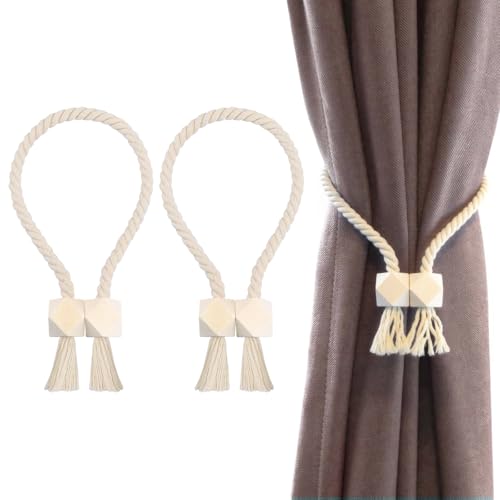 Anseom Magnetische Vorhang Raffhalter, 4 Stück Baumwolle Gardinenhalter Vorhanghalter mit Starkem Magnet, Boho Gardinen Raffhalter Dekoration Handgewebt für Zuhause Büro (Beige) von Anseom