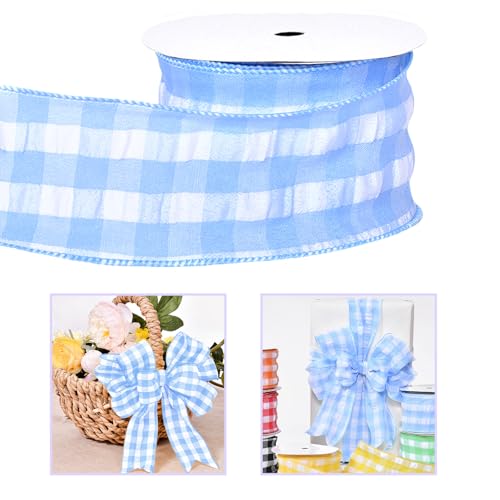 anshome 6,3 cm x 9,1 m blau-weißes Büffelkariertes Drahtband, Frühlingsblau kariert, Bauernhaus-Gingham-Bastelband für Bastelarbeiten, Geschenkverpackungen, Kranz, Frühling, Urlaub, Ostern von Anshome