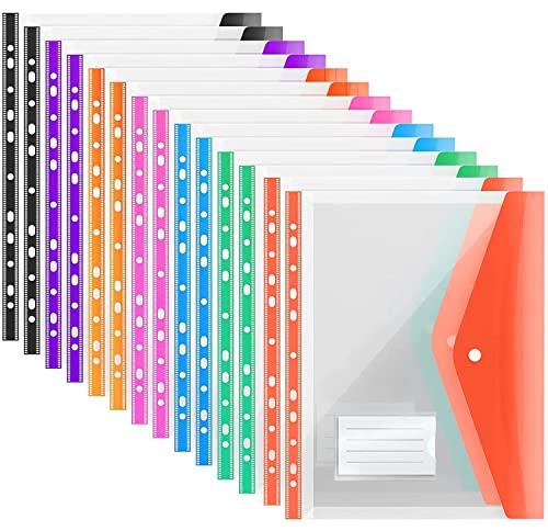 14 Stück Dokumententasche A4,Dreidimensionale A4 Dokumentenmappe mit Nruckknopf,Erweiterbare Lochtaschen 7 Farben Sammelmappen mit 11 Binderlöcher und Etikettentasche zum Organisieren von Dokumenten von Ansook