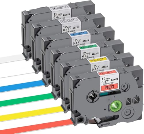 Anstore 6 Beschriftungsgerät Ersatz für Schriftband Brother P-touch Bänder TZe-131 TZe-231 TZe-431 TZe-531 TZe-631 TZe-731, Schwarz auf Weiß/Transparent/Rot/Blau/Gelb/Grün laminiert Tze Schriftband von Anstore