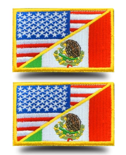 2 Stück USA MEX Amerikanische Vereinigte Staaten und Mexiko Freundschaftsflaggen-Aufnäher, goldene Bordüre, bestickt, US-MX-Klettverschluss, Moral-Emblem für Kostüm, Uniform, Kappe, Jacke, DIY von Antrix