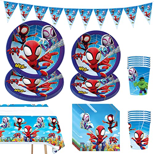 Antsparty Spider Partygeschirr Set, 52 Stück Superheld Geburtstagsdeko Kindergeburtstag Geschirr mit Teller Pappbecher Tischdecke Banner, Superheld Geburtstag Party Supplies von Antsparty