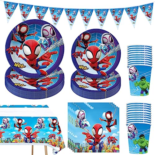 Antsparty Spider Partygeschirr Set, 82 Stück Superheld Geburtstagsdeko Kindergeburtstag Geschirr mit Teller Pappbecher Tischdecke Banner, Superheld Geburtstag Party Supplies von Antsparty