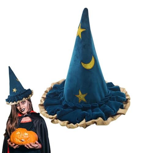 Anulely Blauer Hexenhut | Halloween Hexenhüte | Spitzer Hexenhut | Blauer Mond Muster Halloween Kostüm Hexen Zubehör Damen Breite Krempe Hexenhut von Anulely