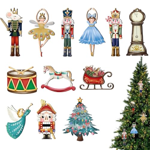 Weihnachtsbaum-Nussknacker zum Aufhängen, 12 x Holzfiguren, Auto-Anhänger, saisonale Dekoration für den Urlaub von Anulely
