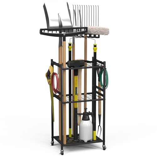 Anvuda Gartenwerkzeug-Organizer,3-stufig Aufbewahrungsregal für Garage Gerätehalter Organizer Kohlenstoffstahl Mehrzweck Gartengeräteaufbewahrungsrega mit Rollen,Metall Tool Stand Halter 42*30*80cm von Anvuda