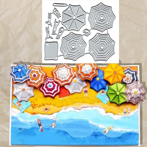 Metall-Stanzformen mit Sonnenschirm-Strand-Muster, Sonnenschirm, Strandrahmen, Papierkarten, Stanzschablonen für DIY, Prägung, Kartenherstellung, Buchanhänger, dekorative Papierschablonen von Anxendong