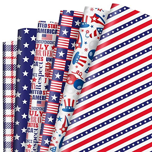 AnyDesign 12 Blatt patriotisches Geschenkpapier 4. Juli Sterne Streifen Amerikanische Flagge Geschenkpapier Bulk Blau Rot Weiß Kunstpapier für Unabhängigkeitstag Gedenktag DIY Handwerk, flach von AnyDesign