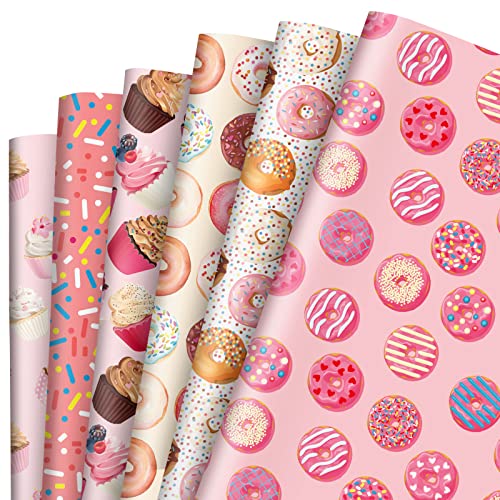 AnyDesign 12 Blatt süßes Geschenkpapier rosa Donuts Cupcake Muffin Muster Geschenkpapier Bulk Dessert Print Kunstpapier für Geburtstag Hochzeit Babyparty DIY Handwerk Geschenkverpackung, 50 x 70 cm, von AnyDesign
