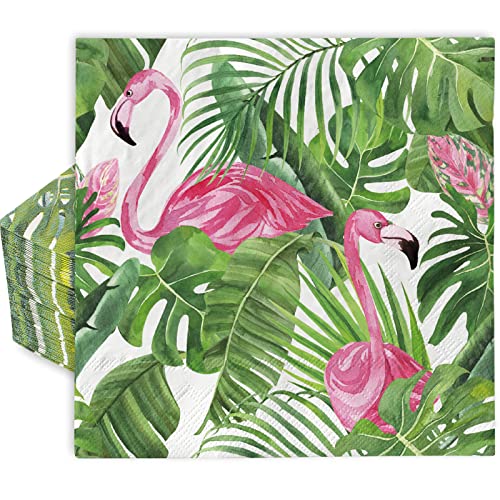 AnyDesign 80 Stück Flamingo-Papierservietten für den Sommer, tropische Party, Einweg-Serviette 16.5x16.5 cm, Flamingo, Glandulare, Blätter, Dessert, Abendessen, Hochzeit, Babyparty von AnyDesign