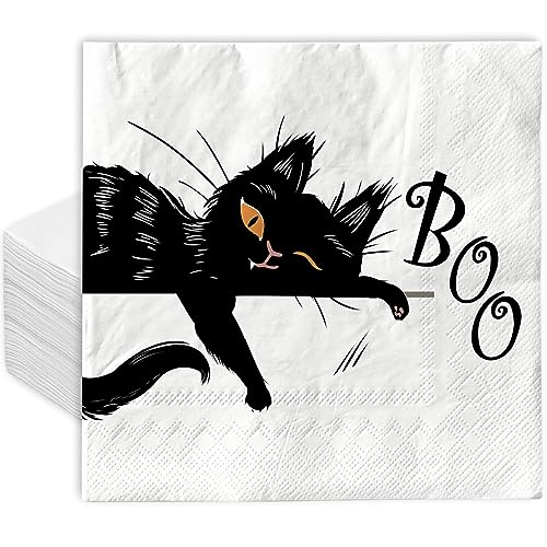 AnyDesign 80 Stück Halloween Papierservietten Einweg Schwarze Katze Mittagessen Servietten Boo Dekorative Dessert Dinner Handserviette für Halloween Party Supplies, 16,5 x 16,5 cm von AnyDesign