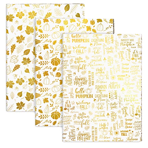 AnyDesign 90 Blatt Herbst Thanksgiving Seidenpapier Folie Gold Kürbis Ahornblätter Muster Kunst Seidenpapier Herbst Geschenkpapier DIY Bastelpapier für Herbst Ernte Thanksgiving Geschenktüte Pompon, von AnyDesign