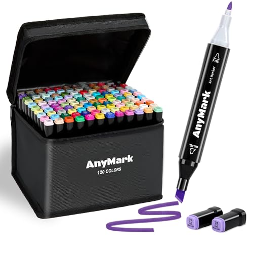 AnyMark 120 Farben Alkoholmarker, Marker-Set, Doppelspitzen-Alkoholmarker auf Basis von Kunst für Erwachsene zum Ausmalen und Zeichnen, Meißel- und Feinspitze, schwarzer Stifthalter AnyMark 120 Farben Alkoholmarker, Marker-Set, Doppelspitzen-Alkoholmarker auf Basis von Kunst für Erwachsene zum Ausmalen und Zeichnen, Meißel- und Feinspitze, schwarzer Stifthalter von AnyMark