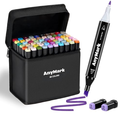 AnyMark 60 Farben Alkoholmarker, Marker-Set, Doppelspitzen-Alkoholmarker auf Basis von Kunst für Erwachsene zum Ausmalen und Zeichnen, Meißel- und Feinspitze, schwarzer Stifthalter AnyMark 60 Farben Alkoholmarker, Marker-Set, Doppelspitzen-Alkoholmarker auf Basis von Kunst für Erwachsene zum Ausmalen und Zeichnen, Meißel- und Feinspitze, schwarzer Stifthalter von AnyMark