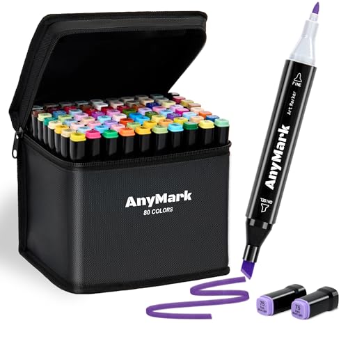 AnyMark 80 Farben Alkoholmarker, Marker-Set, Doppelspitzen-Alkoholmarker auf Basis von Kunst für Erwachsene zum Ausmalen und Zeichnen, Meißel- und Feinspitze, schwarzer Stifthalter AnyMark 80 Farben Alkoholmarker, Marker-Set, Doppelspitzen-Alkoholmarker auf Basis von Kunst für Erwachsene zum Ausmalen und Zeichnen, Meißel- und Feinspitze, schwarzer Stifthalter von AnyMark