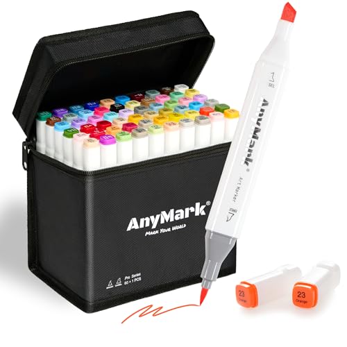 AnyMark Alkohol Marker Pinselspitze, 60 + 1 Farben, Doppelspitze mit Brush und Meißel, alkoholbasierte Marker Set mit Etui für Künstler, Zeichnen, Färben AnyMark Alkohol Marker Pinselspitze, 60 + 1 Farben, Doppelspitze mit Brush und Meißel, alkoholbasierte Marker Set mit Etui für Künstler, Zeichnen, Färben von AnyMark
