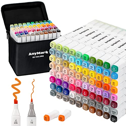 AnyMark Alkohol Marker, 80 Farben Marker Stifte Set, Twin Tip Künstler Stifte Set für zum Zeichnen, Ausmalen und Skizzieren, Meißel- & Feinspitzen von AnyMark
