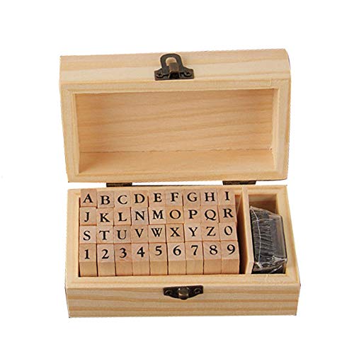 Anyasen Stempel Set Alphabet Stempel Stempelset Buchstaben Gummi Anzahl Briefmarken 26 Großbuchstaben10 Zahlen in Holzkiste Fall, Holz, mit Stempelkissen, für Kunst Handwerk Kartenherstellung von Anyasen