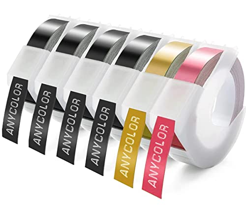 Anycolor Kompatibel mit Omega Etikettenband Ersatz für Dymo Prägeband 9mm Schwarz, 3D Etikettenband für Dymo Omega Prägegerät Dymo Junior Motex E-101 E-303 Etikettendrucker, Schwarz/Gold/Rosa, 6 Roll von Anycolor