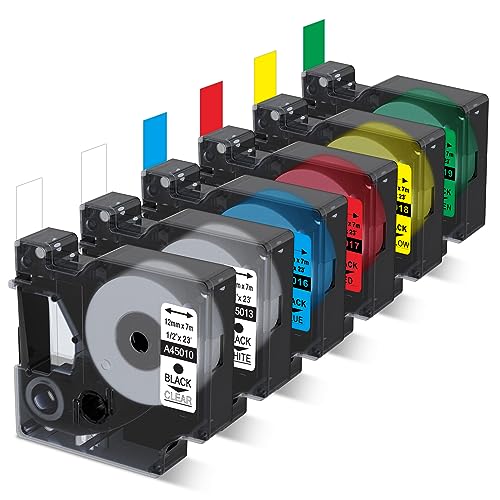 Anycolor kompatibel für Dymo D1 12mm Etikettenband 45013 45010 45016 45017 45018 45019 Etikettenband für Dymo LabelManager 160 280 210D 100 120 150 200 360D 420P PnP 450Duo, 6 Pack von Anycolor