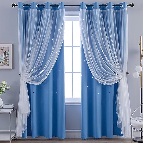 Anytime Mädchen-Vorhänge für Schlafzimmer, Sterne, ausgehöhlte Verdunkelungsvorhänge für Kinderzimmer, Dekoration, doppellagig, Sternausschnitte, Fenstervorhänge (2 Panel, B 52 x L 95, blau) von Anytime