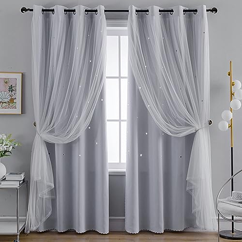 Anytime Romantischer Kinder-Verdunkelungsvorhang, ausgehöhlte Sterne, Fenstervorhang, doppellagig, Verdunkelungsvorhänge für Mädchenzimmer, Kinderzimmer, 2 Paneele, B 52 x L 95, Grauweiß Anytime Romantischer Kinder-Verdunkelungsvorhang, ausgehöhlte Sterne, Fenstervorhang, doppellagig, Verdunkelungsvorhänge für Mädchenzimmer, Kinderzimmer, 2 Paneele, B 52 x L 95, Grauweiß von Anytime
