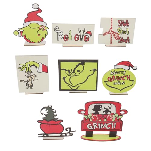 8 Stück Weihnachten Grüne Elfe Tier Tablett Dekoration Set Tisch Mittelstücke Ornamente Niedliche Hängende Ornamente für Weihnachtsbaum Topper, Doppelseitiger Druck Holzschild für Party von Aoaoy