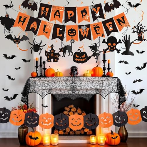 Halloween-Dekorationsset für den Innenbereich: Happy Halloween-Banner, Kaminsims, Schal, 28 Stück, 3D-Fledermaus-Aufkleber, Kürbisfledermaus, hängende Wirbel für wiederverwendbare von AobkDeco