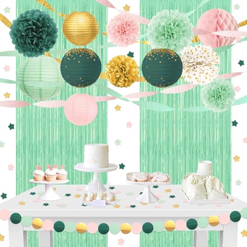 AOBKIAT Salbeigrün und goldfarbene Party-Dekorationen, Seiden-Pom-Poms, Fransenvorhänge, Papierlaterne, Kreis-Punkt-Girlande, Krepppapier, für neutrale Geburtstage, Babypartys, Hochzeiten, Brautpartys AOBKIAT Salbeigrün und goldfarbene Party-Dekorationen, Seiden-Pom-Poms, Fransenvorhänge, Papierlaterne, Kreis-Punkt-Girlande, Krepppapier, für neutrale Geburtstage, Babypartys, Hochzeiten, Brautpartys von Aobkiat