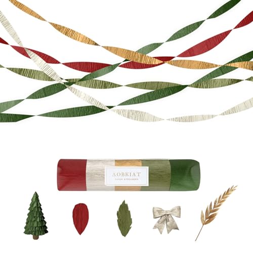 AOBKIAT Weihnachten Party Deko Luftschlangen,5 Rollen Olive Grün Rot Champagner Silber Gold Krepppapier für Christbaum,Winter Hochzeit,Geburtstag,Braut/Baby party,Neujahr von Aobkiat