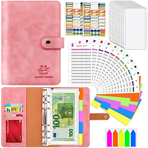 Aocii Budget Planner, Budget Binder A6, Geld Organizer, Bugetplaner mit Folien, Finanzplaner, Haushaltsbuch mit Geldfächer Umschlagmethode, Cash Stuffing Set mit Ringbuch A6 (Rosa) von Aocii