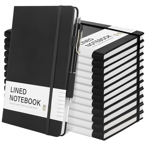 Aodaer 12 Set linierte Notizbücher mit Stiften, A5-Notizbücher, 100 g/m², College, liniert, Hardcover, PU-Leder, Notizblock mit Stifthalter, für Büro, Schule, 14 x 21 cm, Schwarz von Aodaer